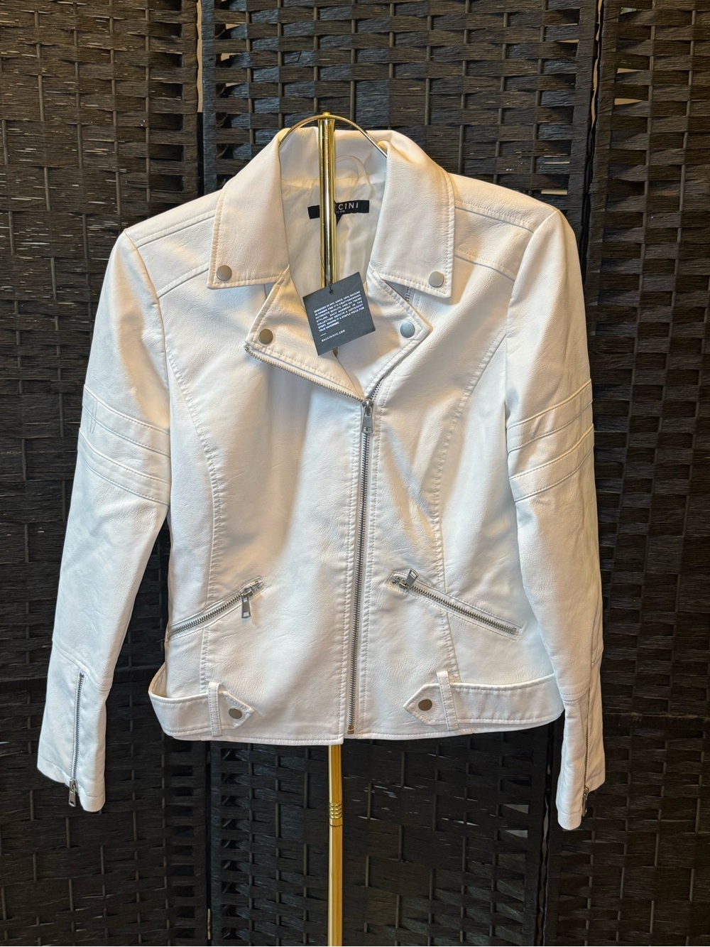 Baccini White Faux-Leather Moto Jacket